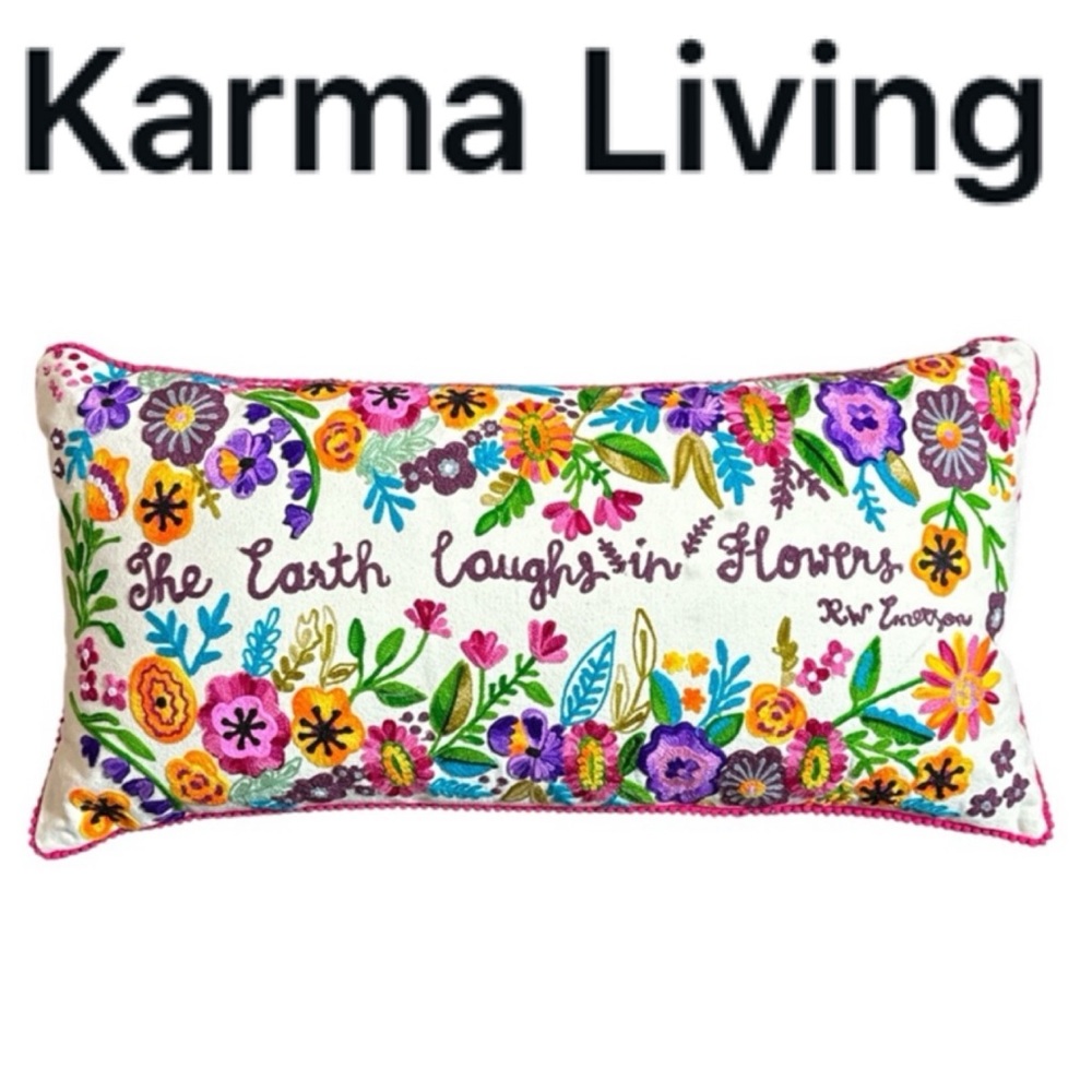KARMA LIVING “THE EARTH LAUGHS IN FLOWERS” EMBROIDERED LUMBAR PILLOW 14x28 *NWT*